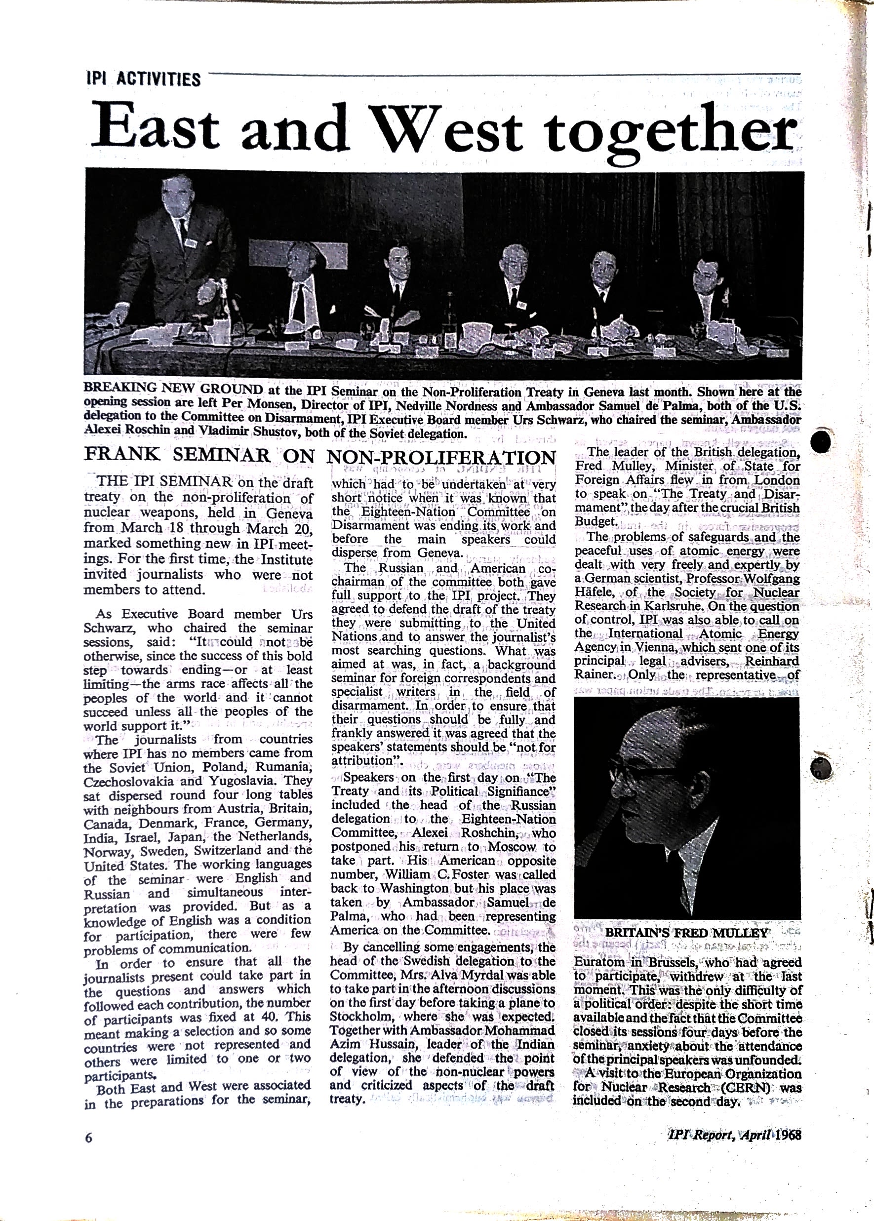 Article headlined 'East and West together' on the first meeting of Western and Soviet journalists to discover nuclear non-proliferation