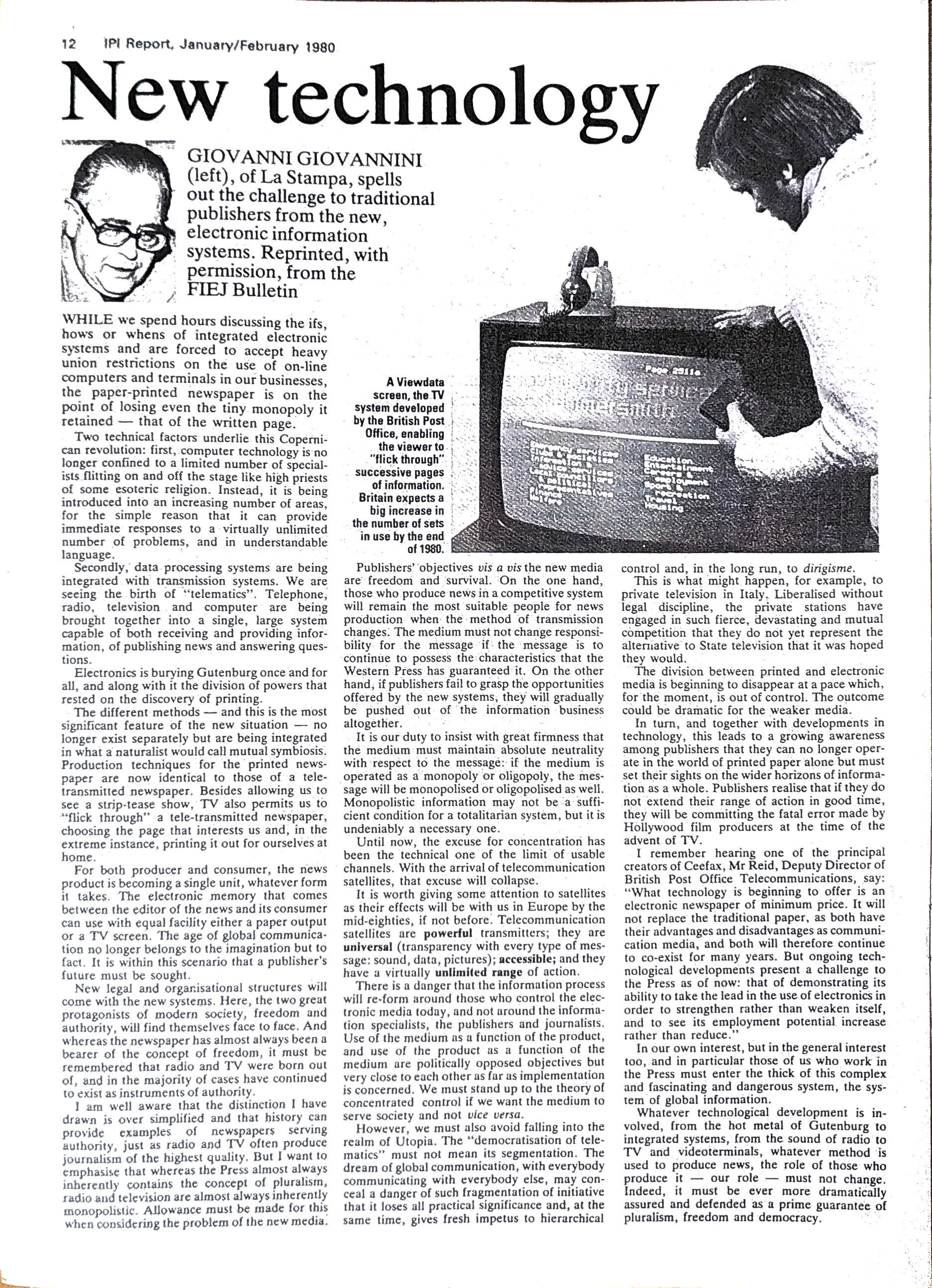 Article on the new technology illustrated with the photo of a man leaning over a television set