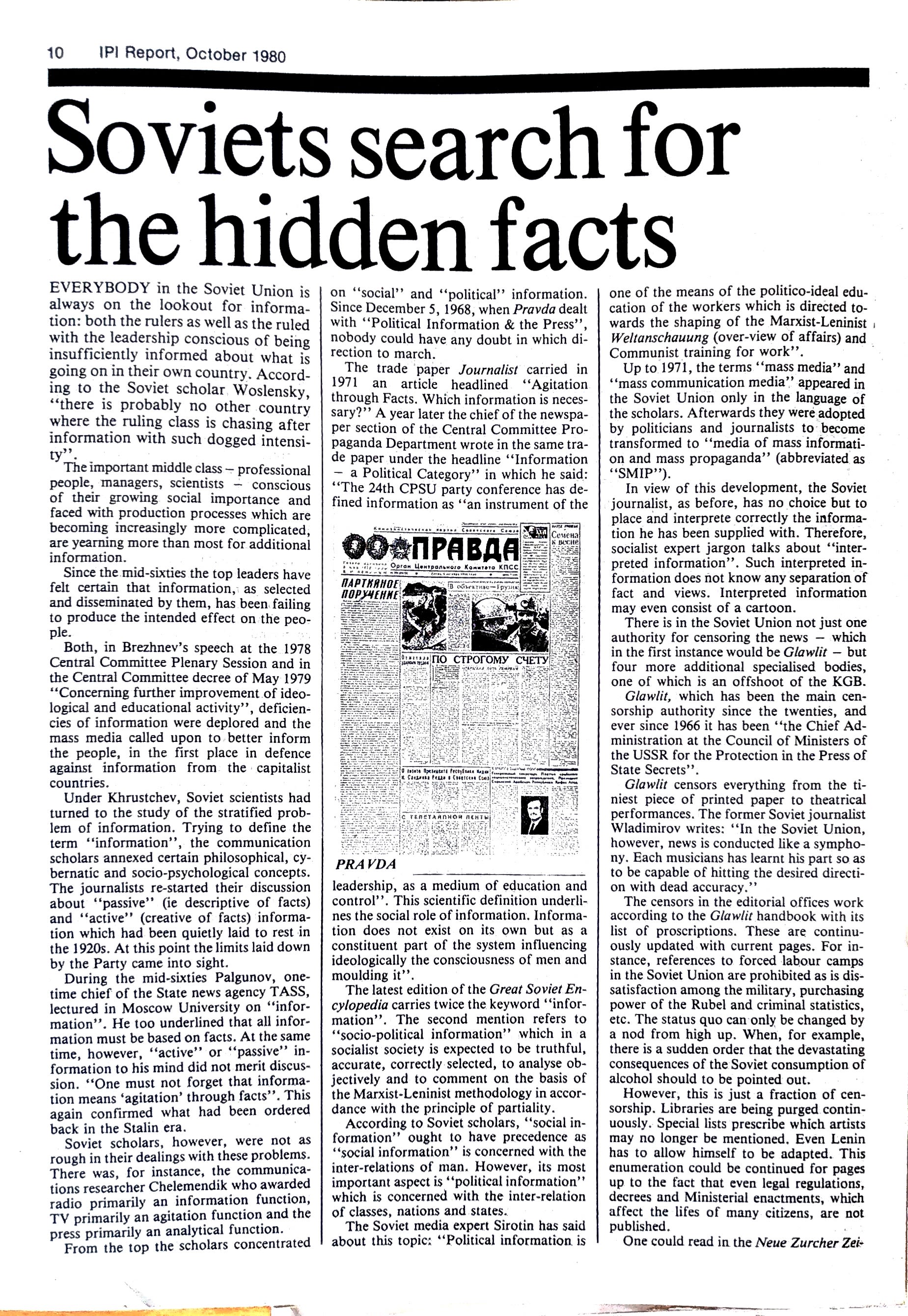 Article entitled 'Soviets search for the hidden facts'